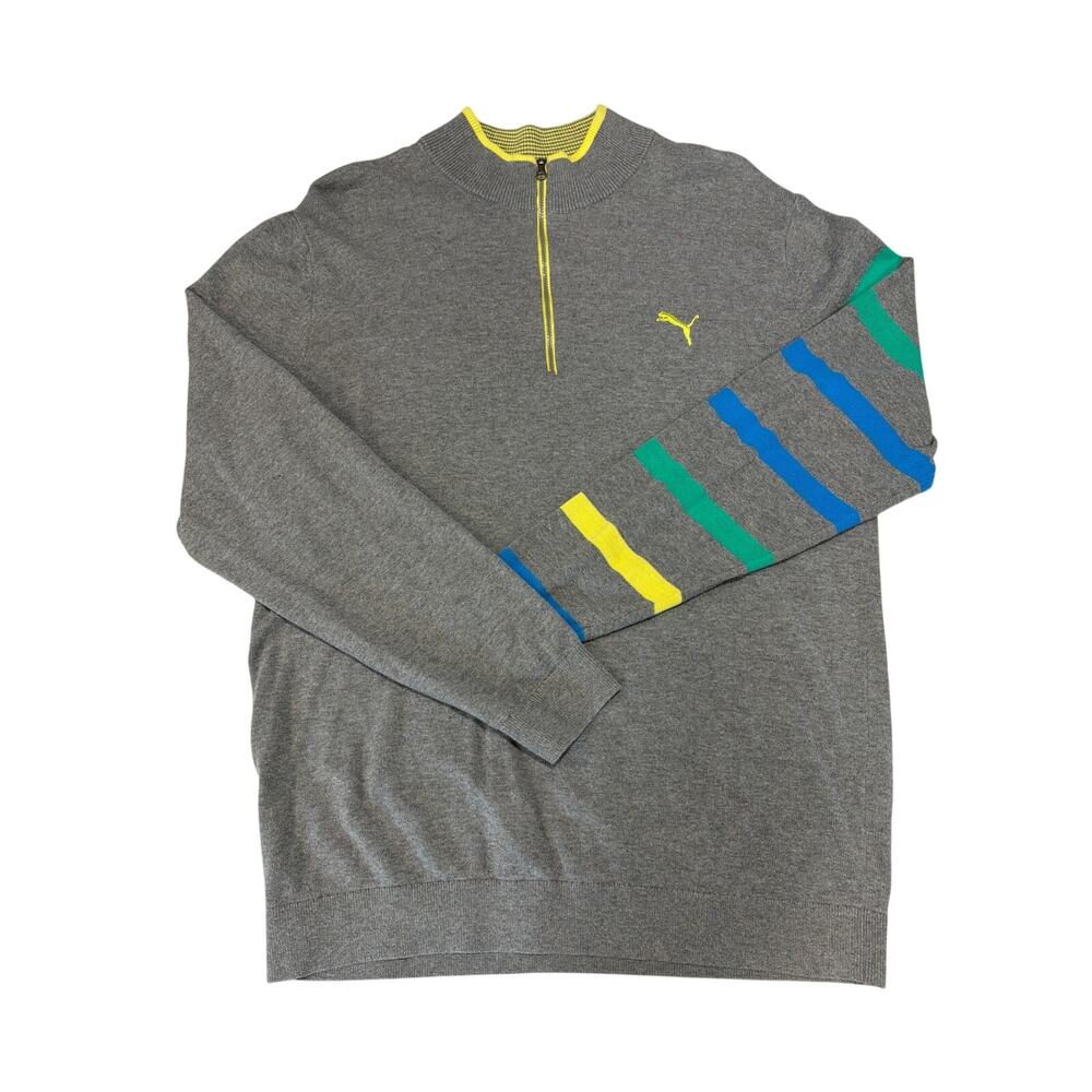 Puma Sport Mens Jumper Sweater 1/4 Zip Grey Striped Sleeve Size XL Cotton